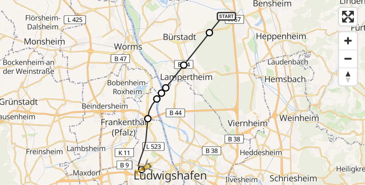 Flugroute Rettungshubschrauber Einhausen - Ludwigshafen Accident Hospital, 27 April 2026, 10:56