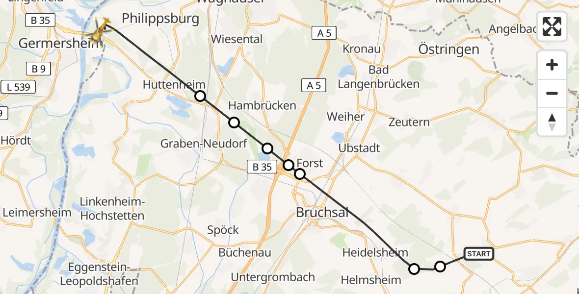 Flugroute Rettungshubschrauber Kraichtal - Philippsburg, 27 April 2026, 11:04