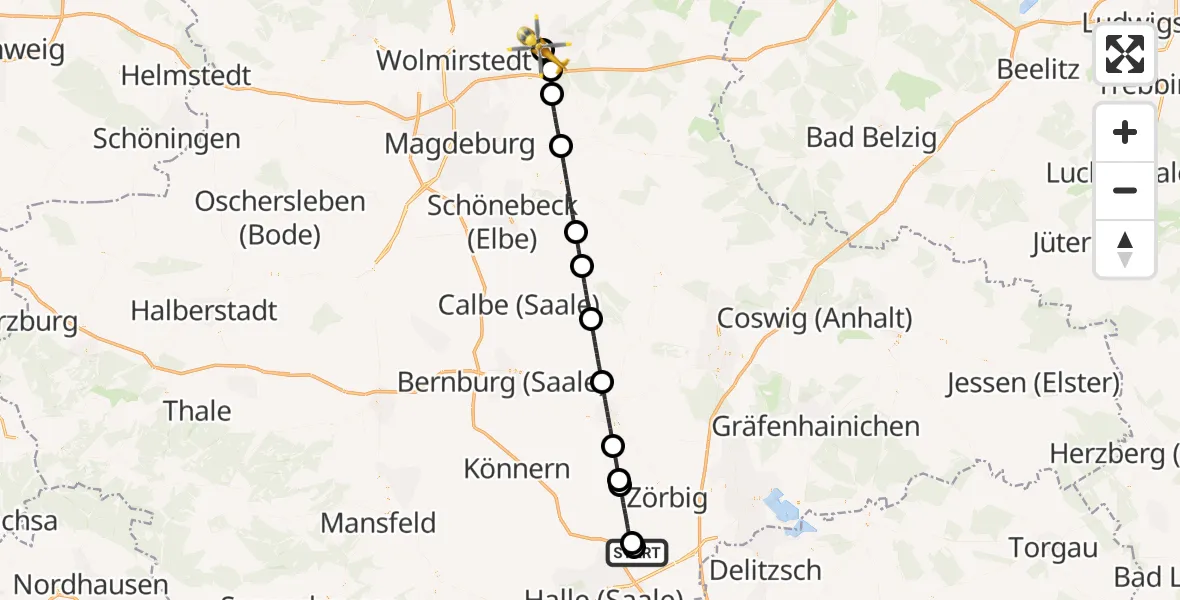 Flugroute Ambulanzhubschrauber Halle-Oppin Flugplatz - Jerichower Land District Hospital, 27 April 2026, 11:13