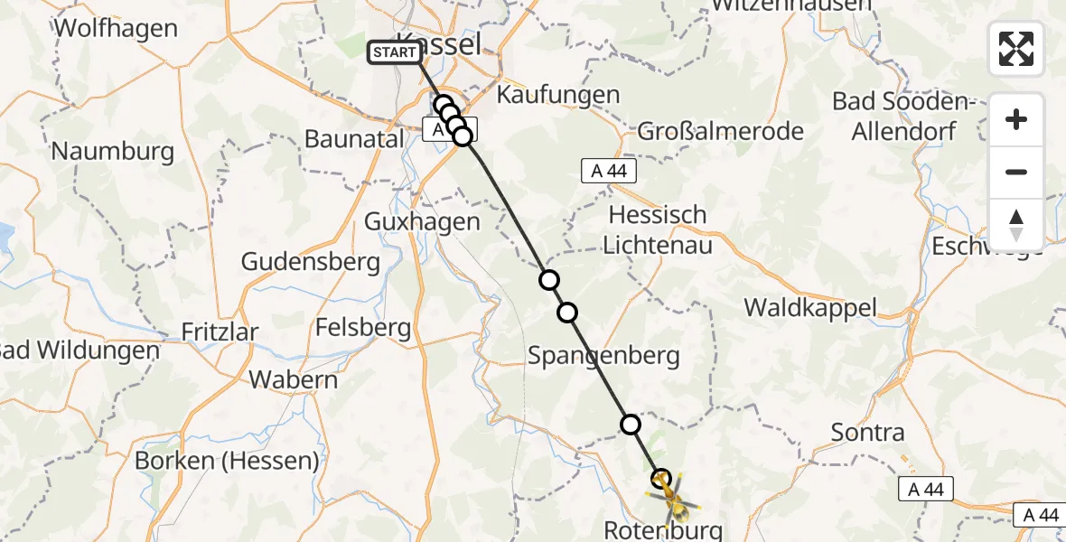 Flugroute Rettungshubschrauber Kassel - Rotenburg a.d.Fulda, 27 April 2026, 11:16
