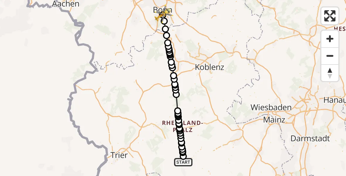 Flugroute Ambulanzhubschrauber Idar-Oberstein - Bonn University Hospital, 27 April 2026, 11:19