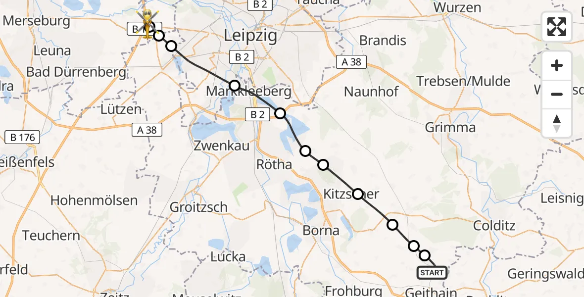 Flugroute Rettungshubschrauber Frohburg - ADAC Air Rescue Station Leipzig/Schkeuditz-Dölzig Hubschrauberlandeplatz (Christoph 61), 27 April 2026, 11:27
