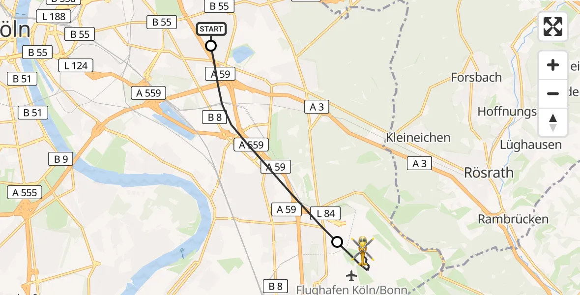Flugroute Rettungshubschrauber Merheim Hospital - Köln Bonn Flughafen, 27 April 2026, 11:30