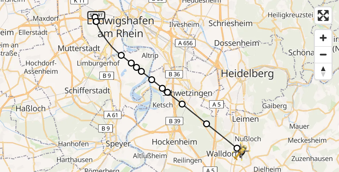 Flugroute Rettungshubschrauber Ludwigshafen Accident Hospital - Wiesloch, 27 April 2026, 11:30