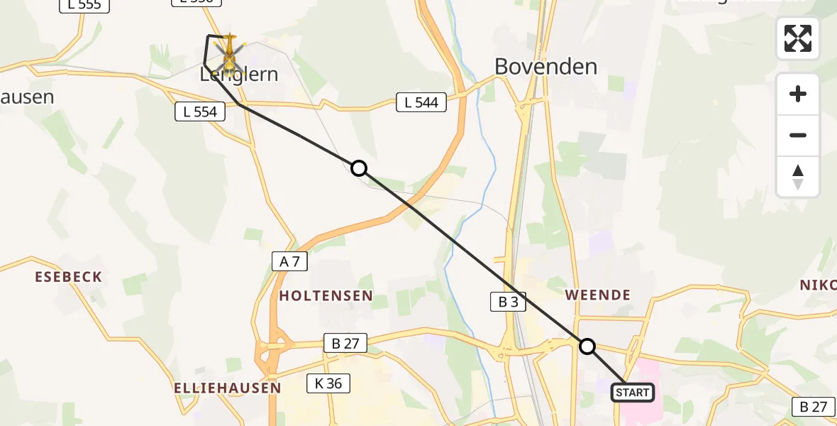Flugroute Rettungshubschrauber Göttingen University Clinic Hubschrauberlandeplatz - Bovenden, 27 April 2026, 11:36