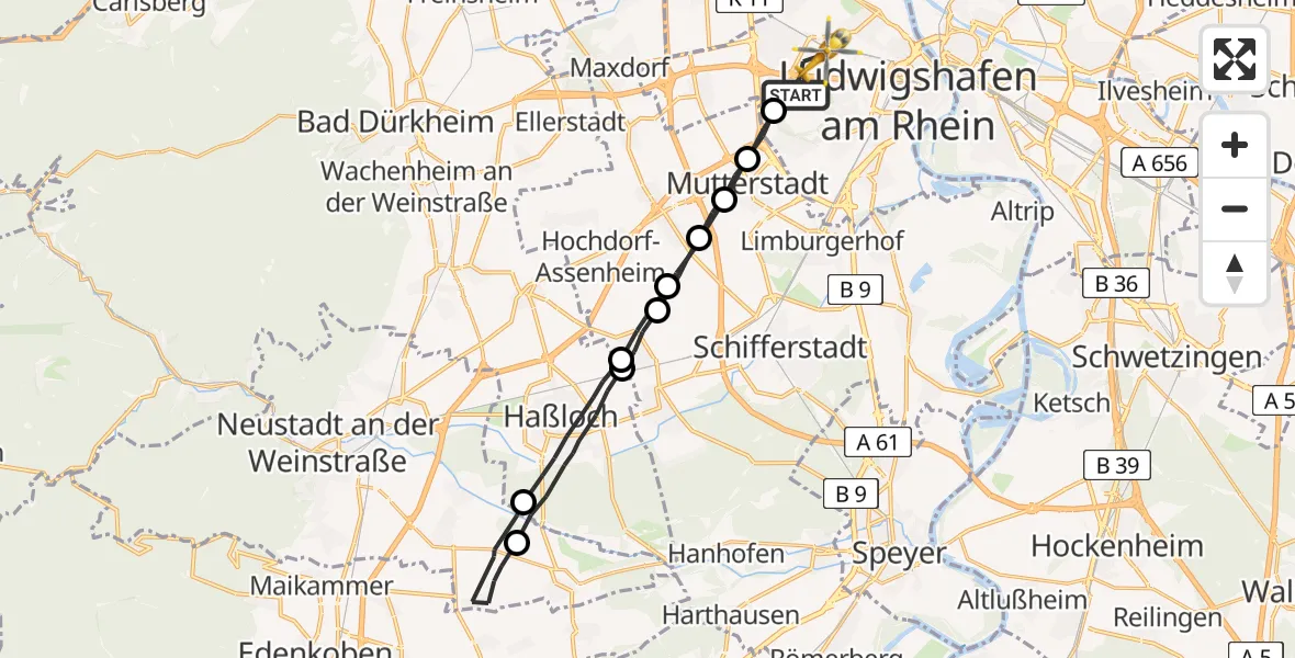 Flugroute Rettungshubschrauber Ludwigshafen am Rhein - Ludwigshafen Accident Hospital Hubschrauberlandeplatz, 27 April 2026, 11:37