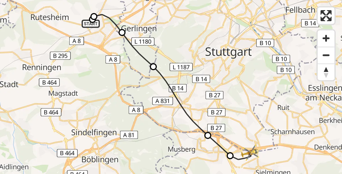 Flugroute Rettungshubschrauber Leonberg Hospital - Flughafen Stuttgart, 27 April 2026, 11:39