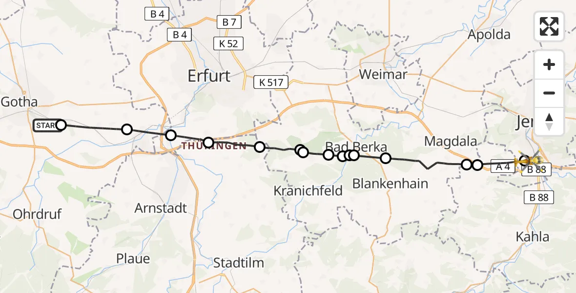 Flugroute Rettungshubschrauber Gotha - Jena, 27 April 2026, 11:47