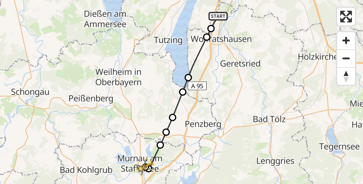 Flugroute Rettungshubschrauber Icking - Murnau Accident Hospital, 27 April 2026, 11:49