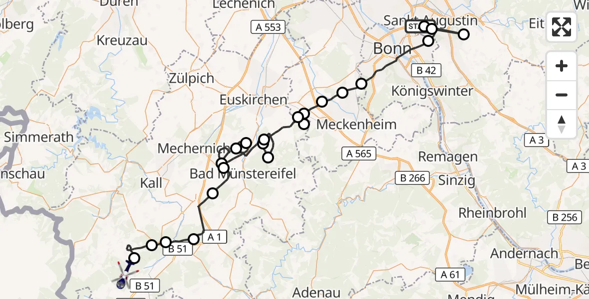 Flugroute Polizeihubschrauber Bonn-Hangelar Flugplatz - Dahlem, 27 April 2026, 11:52
