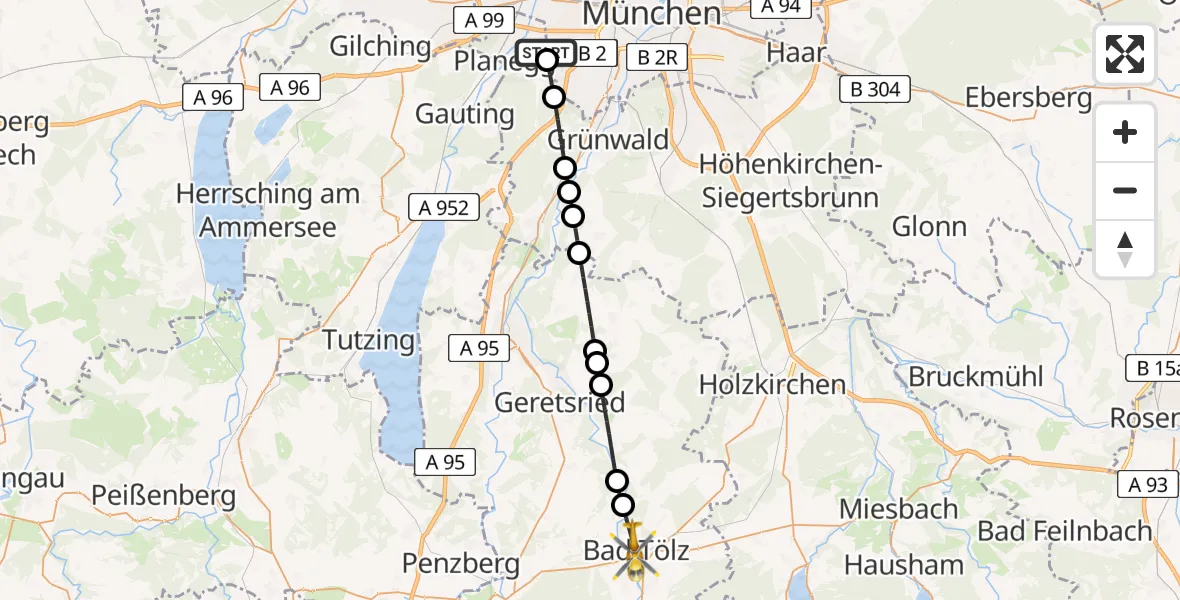Flugroute Rettungshubschrauber DRF Air Rescue München Hubschrauberlandeplatz - Bad Tölz, 27 April 2026, 12:00