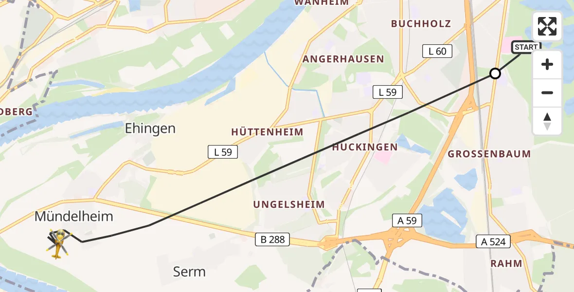 Flugroute Rettungshubschrauber Duisburg Air Rescue Hubschrauberlandeplatz (Christoph 9) - Duisburg, 27 April 2026, 12:00