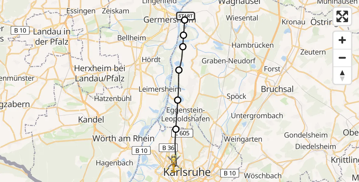 Flugroute Rettungshubschrauber Philippsburg - Karlsruhe, 27 April 2026, 12:01