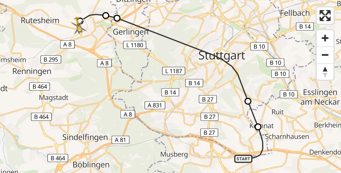 Flugroute Rettungshubschrauber Flughafen Stuttgart - Leonberg Hospital Hubschrauberlandeplatz, 27 April 2026, 12:09
