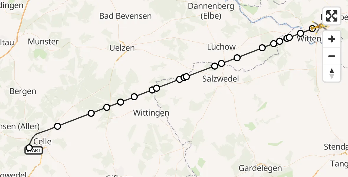 Flugroute Rettungshubschrauber Celle Army Flugplatz - Wittenberge, 27 April 2026, 12:09