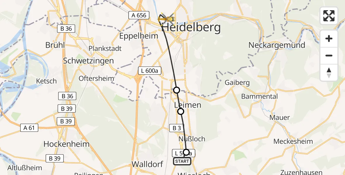 Flugroute Rettungshubschrauber Wiesloch - Heidelberg, 27 April 2026, 12:19