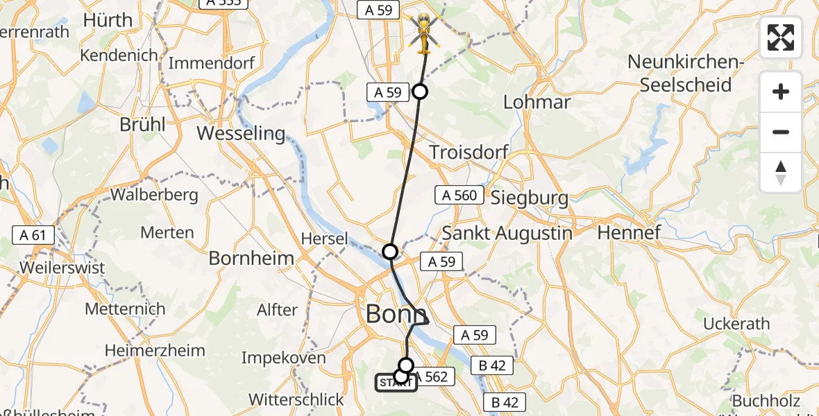 Flugroute Ambulanzhubschrauber Bonn University Hospital - Köln Bonn Flughafen, 27 April 2026, 12:20