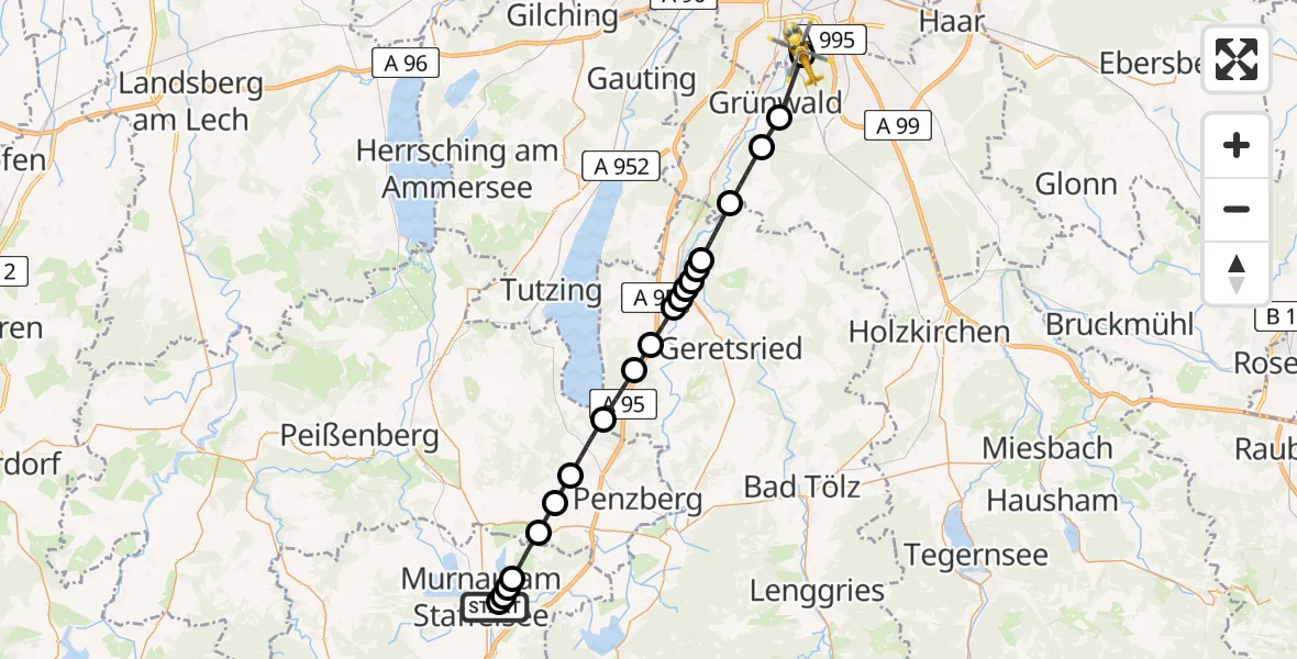 Flugroute Rettungshubschrauber Murnau Accident Hospital - ADAC Air Rescue Center Hubschrauberlandeplatz (Christoph 1), 27 April 2026, 12:23