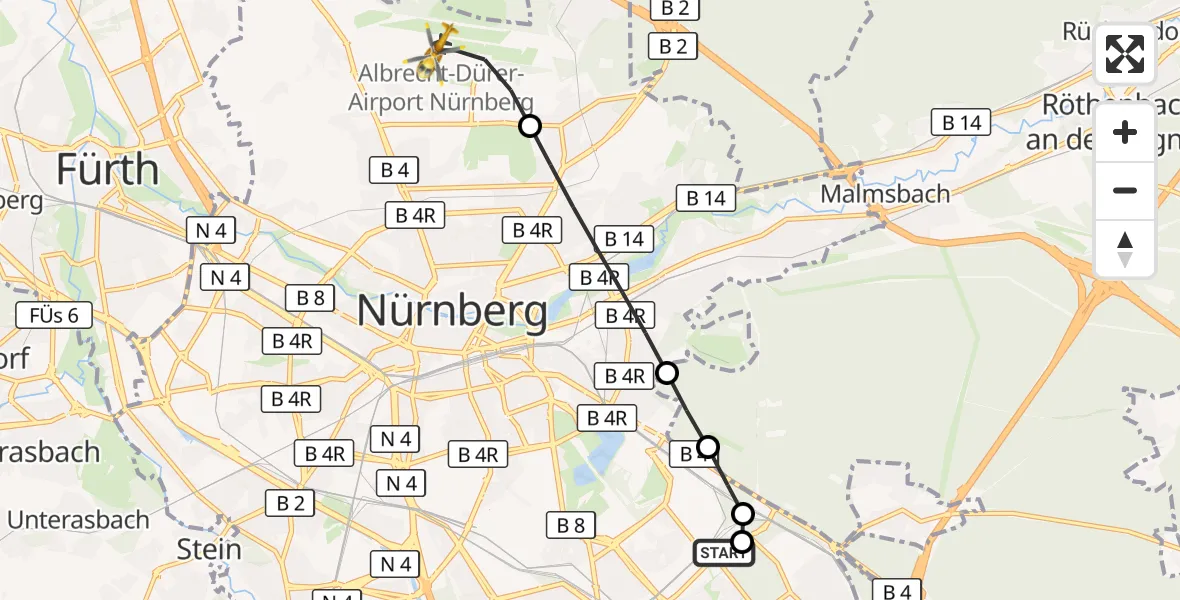 Flugroute Ambulanzhubschrauber Nürnberg South Hospital - Flughafen Nuremberg, 27 April 2026, 12:32