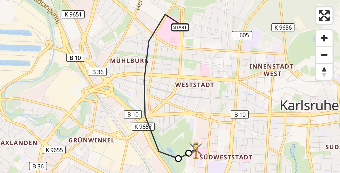 Flugroute Rettungshubschrauber Karlsruhe - Sankt Vincentius Hospital, 27 April 2026, 12:42