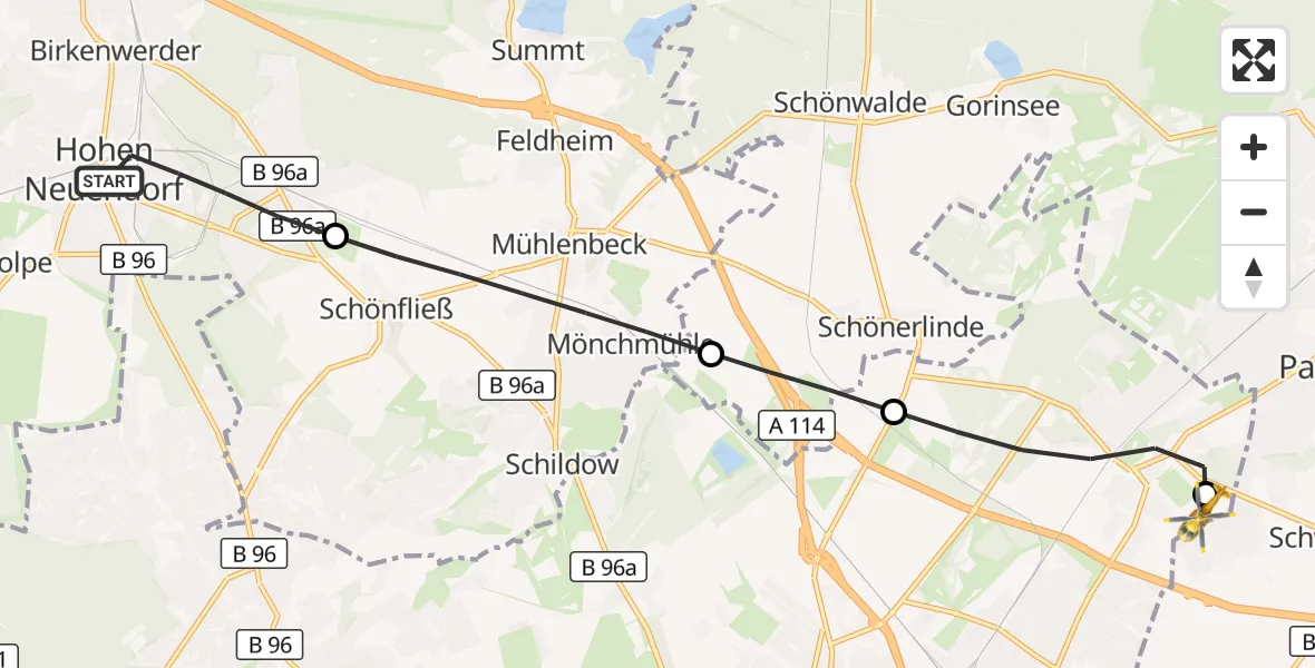Flugroute Rettungshubschrauber Hohen Neuendorf - Helios Clinic Berlin-Buch, 27 April 2026, 12:46