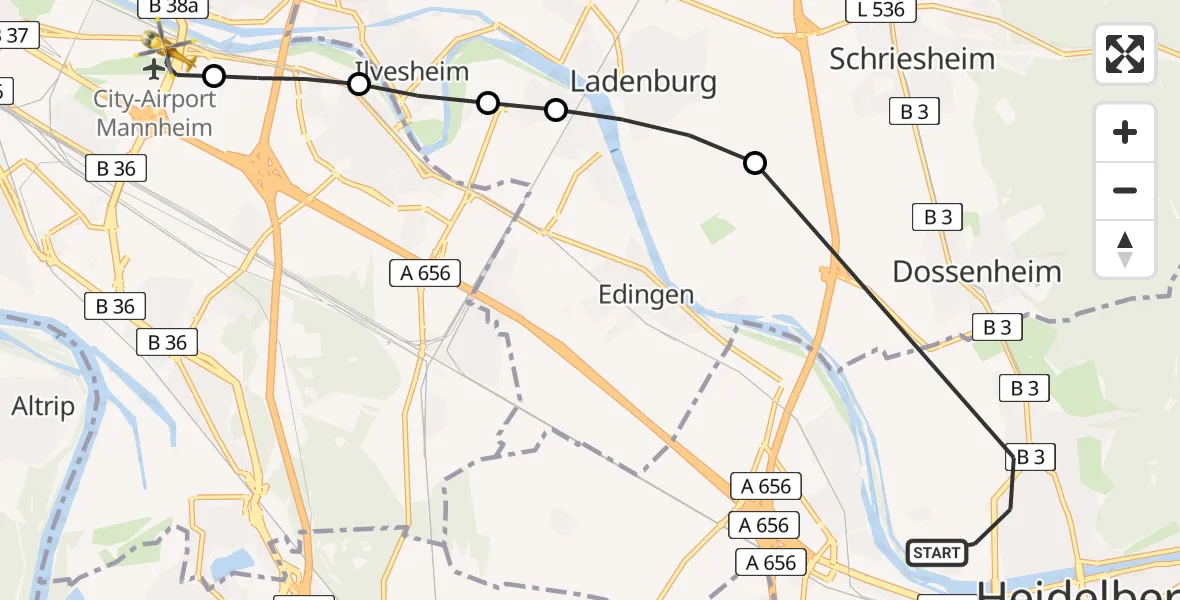 Flugroute Rettungshubschrauber Heidelberg - Mannheim-City Flughafen, 27 April 2026, 12:56