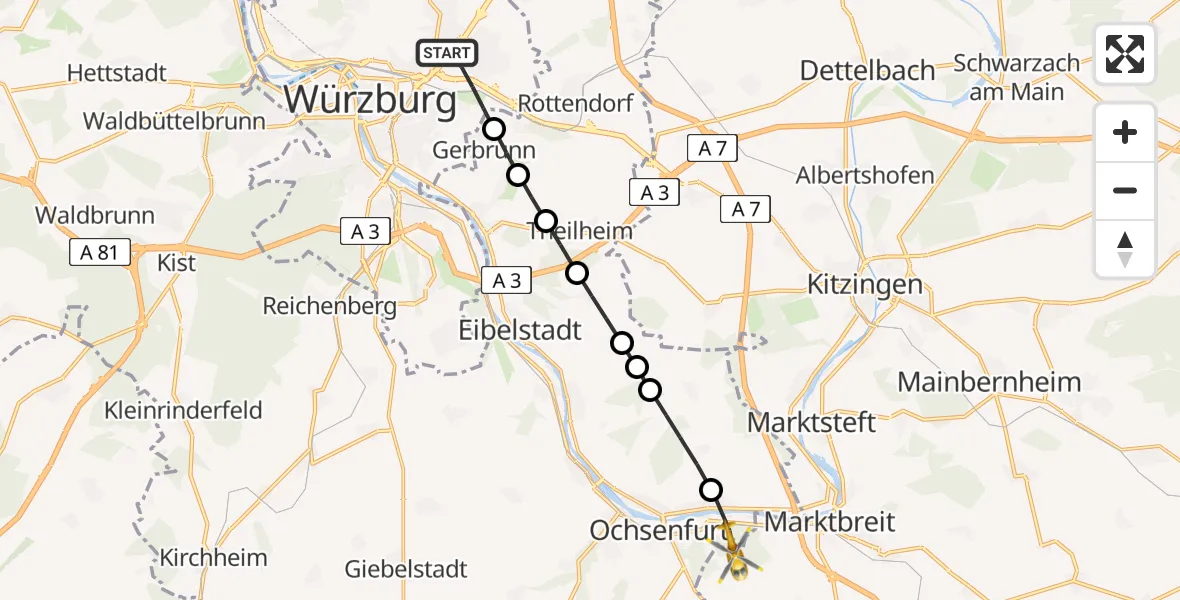 Flugroute Rettungshubschrauber Würzburg - Marktbreit, 27 April 2026, 12:58