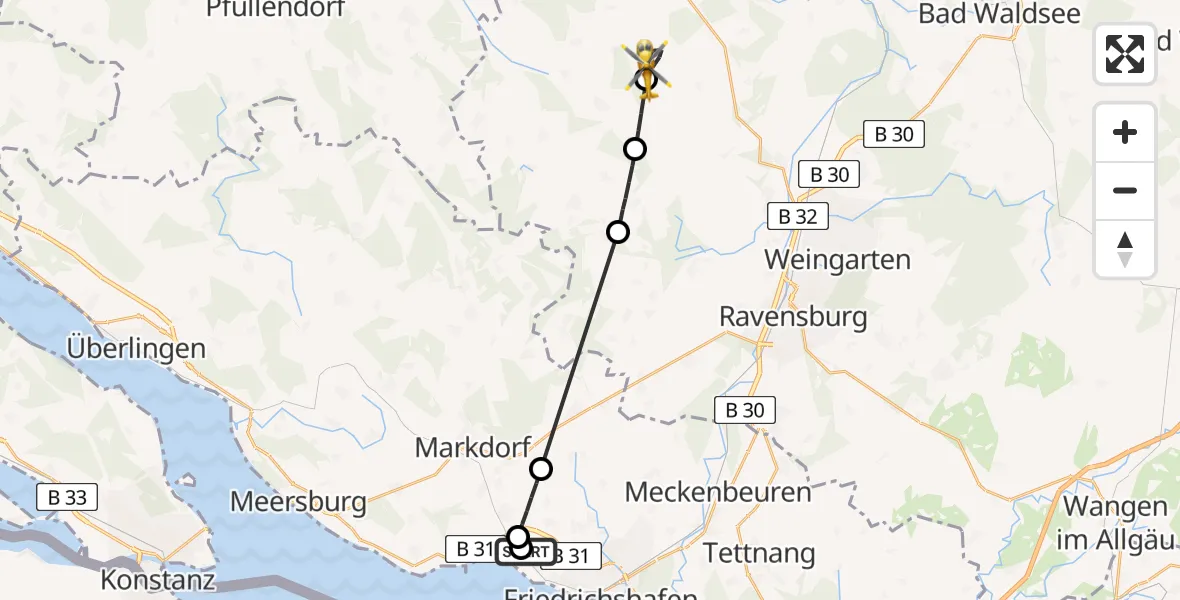 Flugroute Rettungshubschrauber Friedrichshafen Hospital - Ebenweiler, 27 April 2026, 13:02