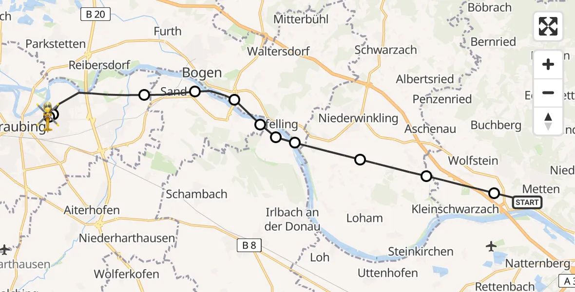 Flugroute Rettungshubschrauber Metten - Sankt Elisabeth Hospital Straubing, 27 April 2026, 13:08