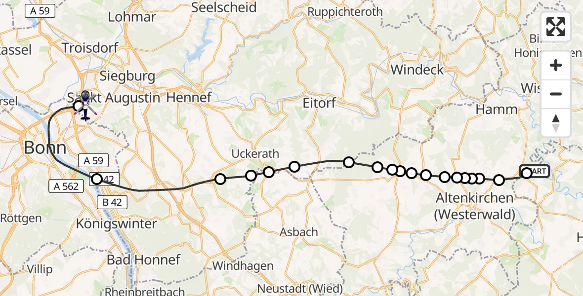 Flugroute Polizeihubschrauber Idelberg - Sankt Augustin, 27 April 2026, 13:10
