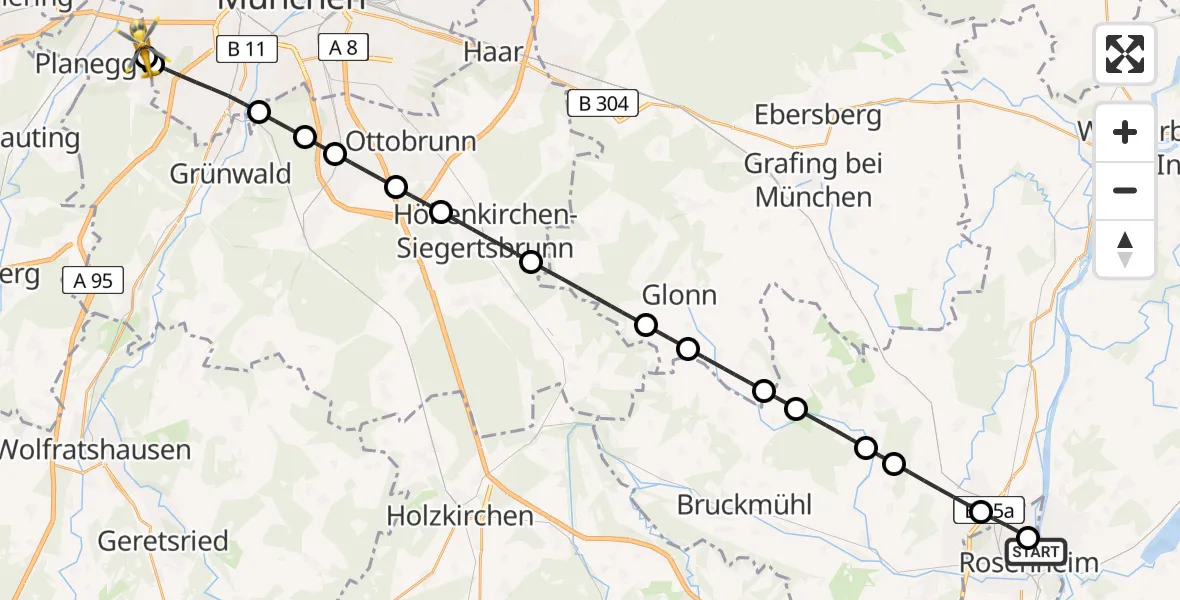 Flugroute Rettungshubschrauber RoMed Hospital Rosenheim - DRF Air Rescue München Hubschrauberlandeplatz, 27 April 2026, 13:11