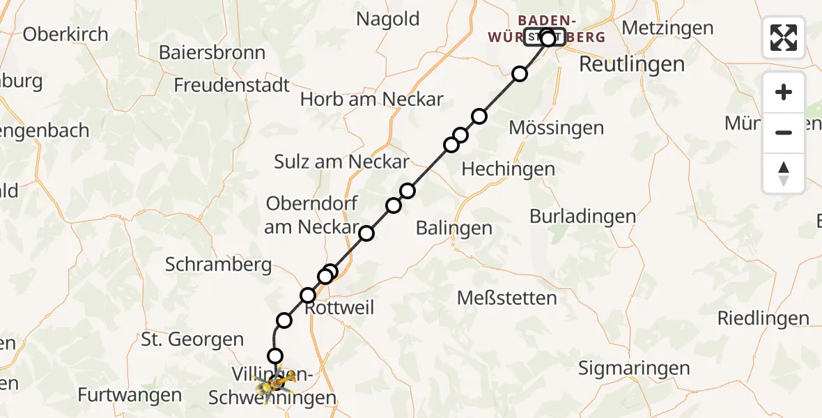 Flugroute Rettungshubschrauber Tübingen University Hospital - DRF Air Rescue Station Villingen-Schwenningen Hubschrauberlandeplatz (Christoph 11), 27 April 2026, 13:23