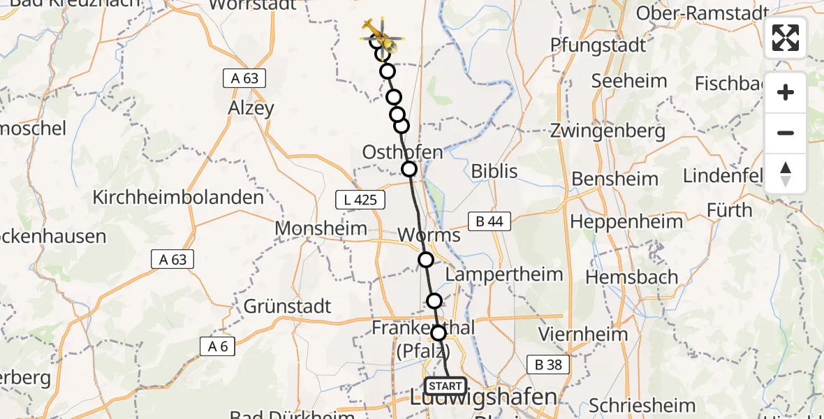 Flugroute Rettungshubschrauber Ludwigshafen am Rhein - Uelversheim, 27 April 2026, 13:23