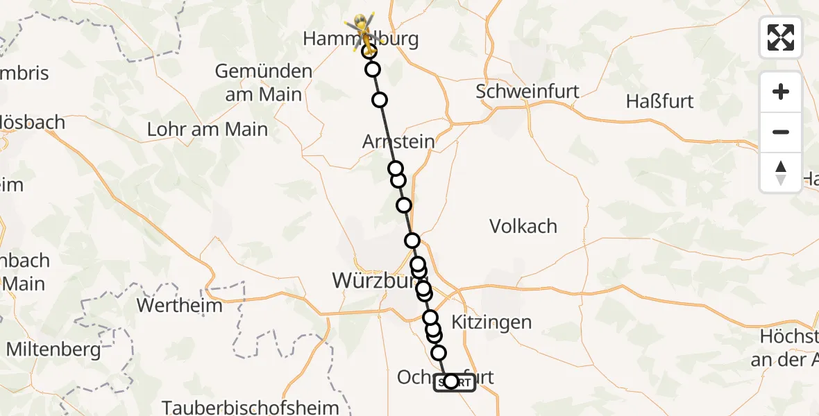 Flugroute Rettungshubschrauber Ochsenfurt Hospital - Hammelburg, 27 April 2026, 13:24