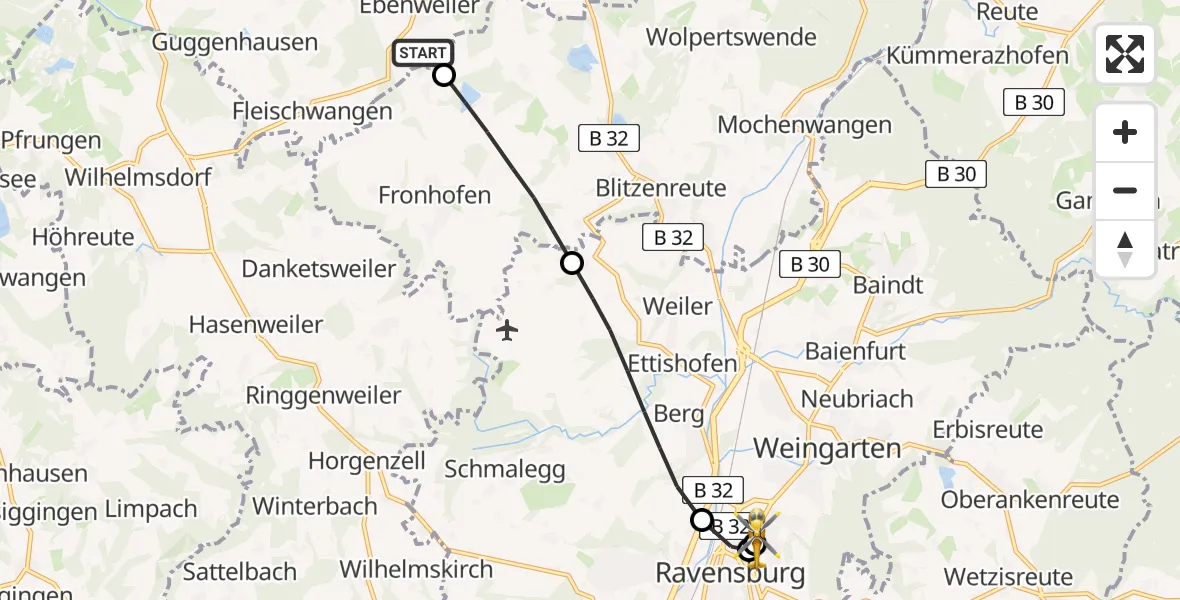 Flugroute Rettungshubschrauber Ebenweiler - Sankt Elisabeth Hospital, 27 April 2026, 13:30