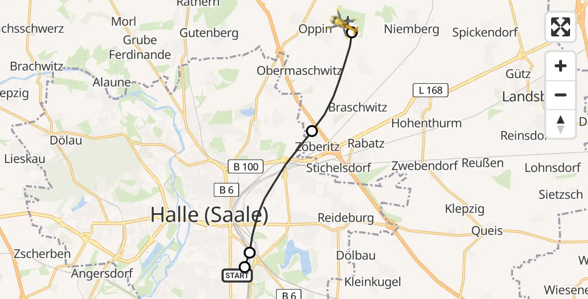 Flugroute Rettungshubschrauber BG Hospital Bergmannstrost Halle - Halle-Oppin Flugplatz, 27 April 2026, 13:41