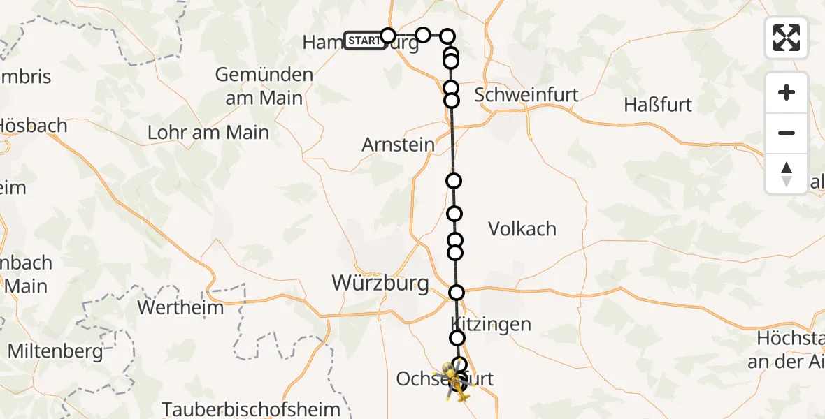 Flugroute Rettungshubschrauber Hammelburg - Ochsenfurt Hospital, 27 April 2026, 13:59