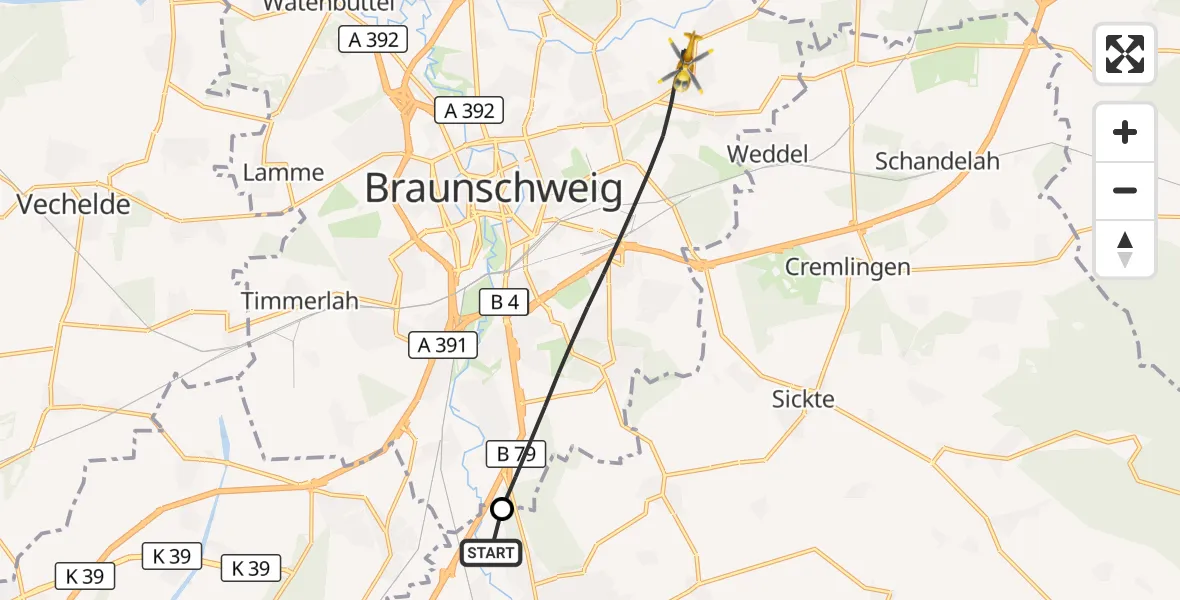 Flugroute Rettungshubschrauber Wolfenbüttel - Braunschweig, 27 April 2026, 14:05