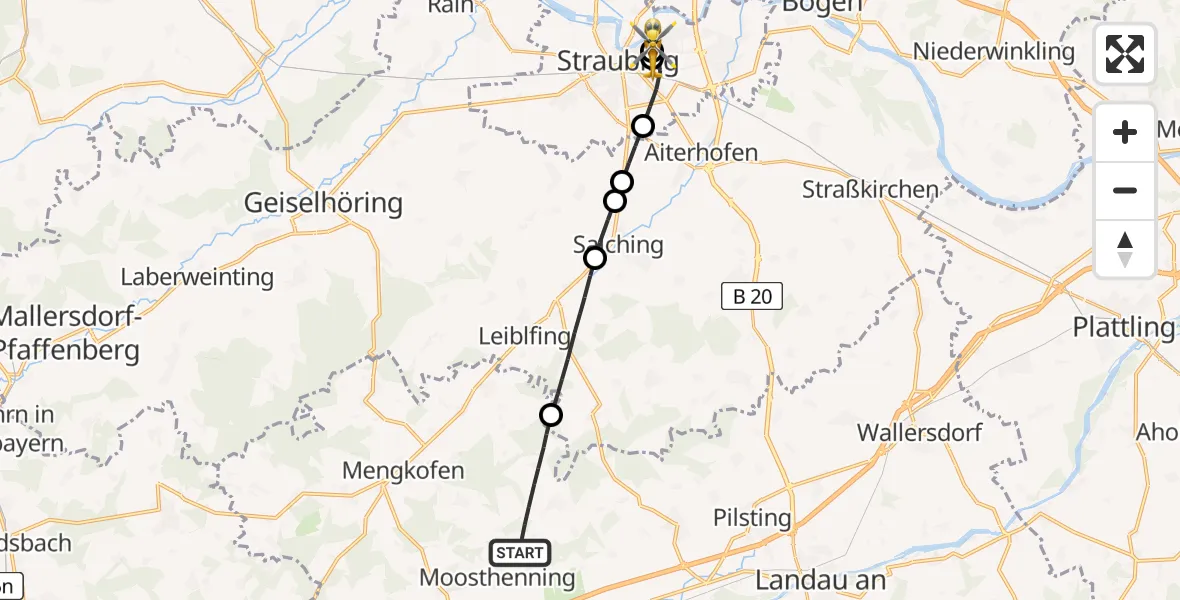 Flugroute Rettungshubschrauber Moosthenning - Sankt Elisabeth Hospital Straubing, 27 April 2026, 14:08