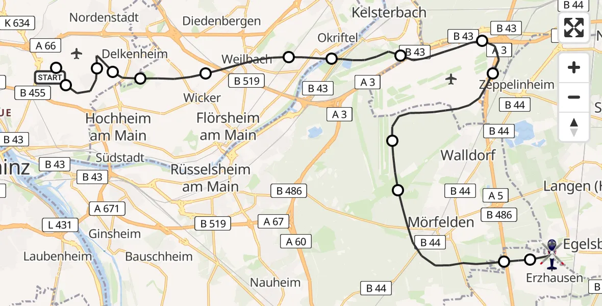 Flugroute Polizeihubschrauber Wiesbaden - Flughafen Frankfurt-Egelsbach, 27 April 2026, 14:12