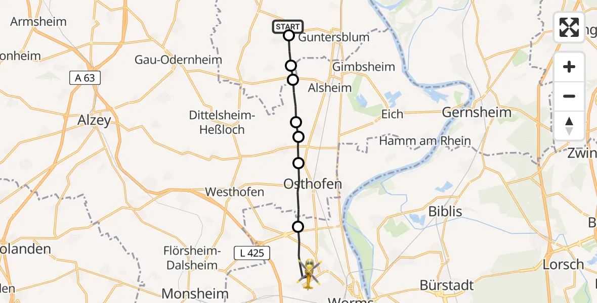 Flugroute Rettungshubschrauber Uelversheim - Worms, 27 April 2026, 14:19