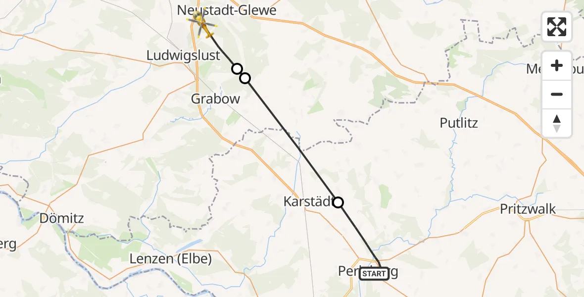 Flugroute Rettungshubschrauber Perleberg - Neustadt-Glewe, 27 April 2026, 14:20