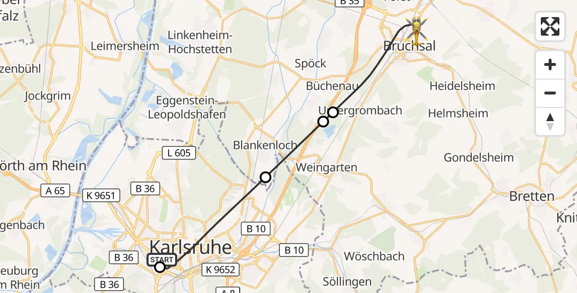Flugroute Rettungshubschrauber Sankt Vincentius Hospital - Bruchsal, 27 April 2026, 14:26