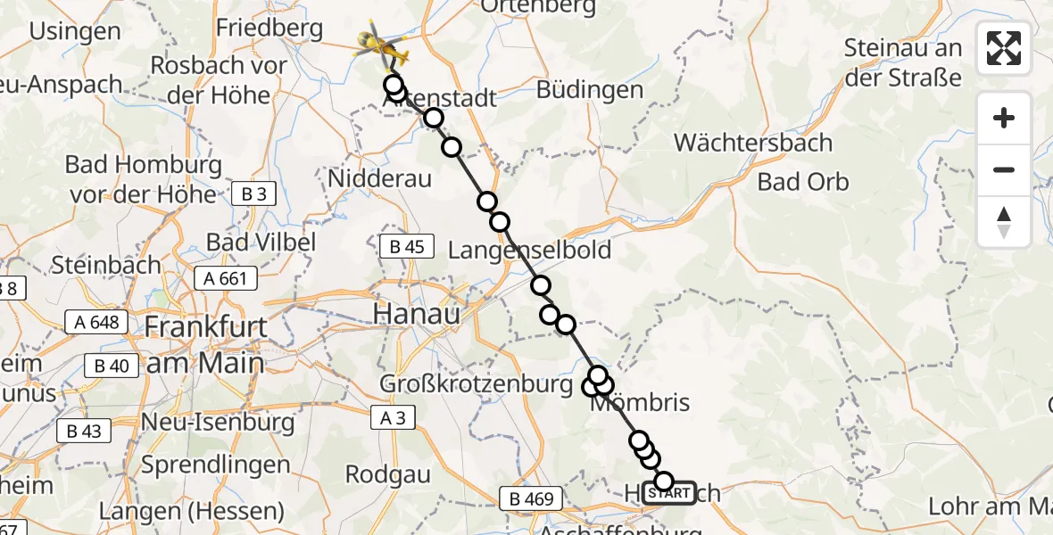 Flugroute Ambulanzhubschrauber Hösbach - Florstadt, 27 April 2026, 14:35