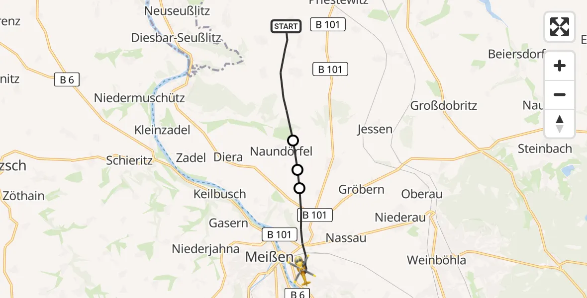 Flugroute Rettungshubschrauber Priestewitz - Meißen, 27 April 2026, 14:38