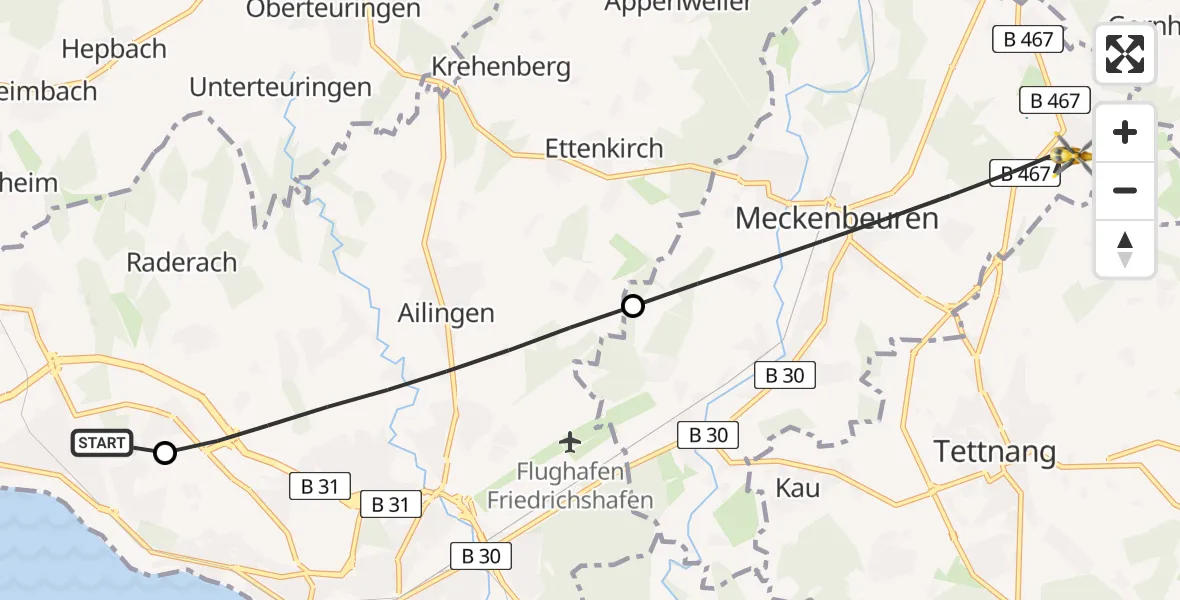 Flugroute Rettungshubschrauber Friedrichshafen Hospital - Meckenbeuren, 27 April 2026, 14:43