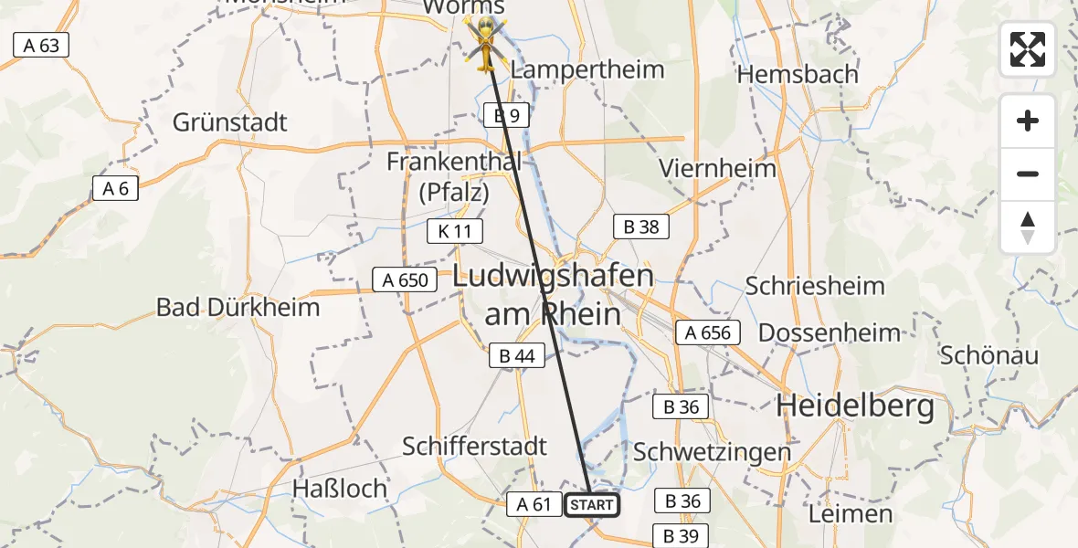 Flugroute Rettungshubschrauber Otterstadt - Worms, 27 April 2026, 15:06