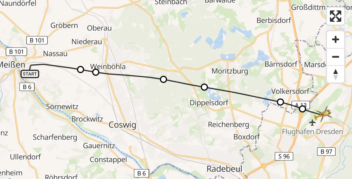 Flugroute Rettungshubschrauber Meißen - Dresden Bundespolizei Hubschrauberlandeplatz, 27 April 2026, 15:13