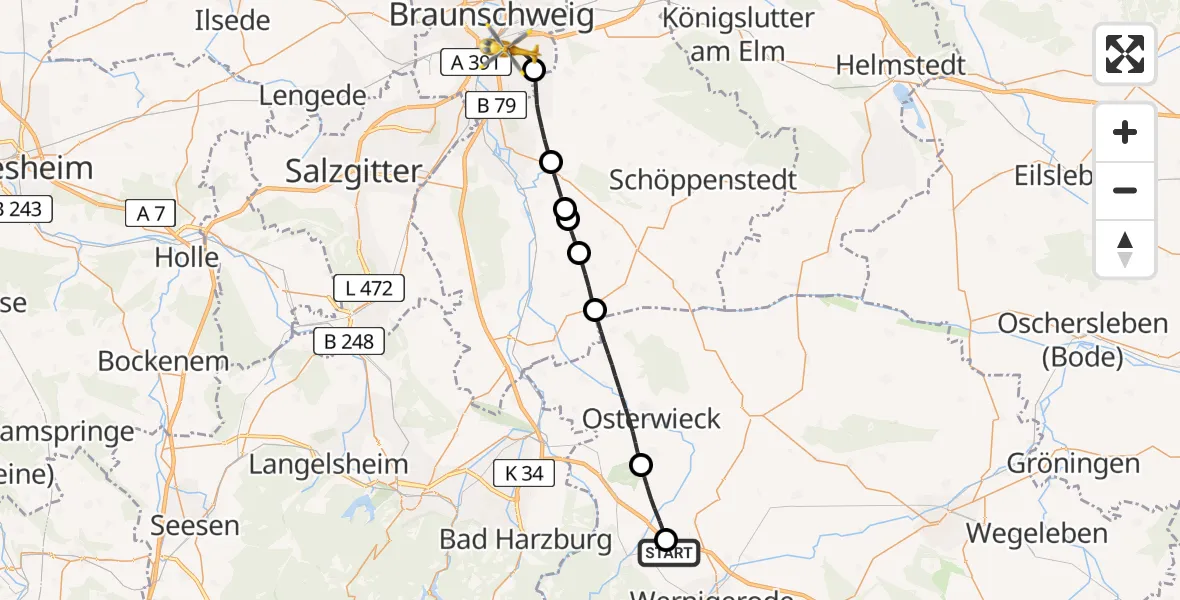 Flugroute Rettungshubschrauber Ilsenburg (Harz) - Braunschweig, 27 April 2026, 15:18