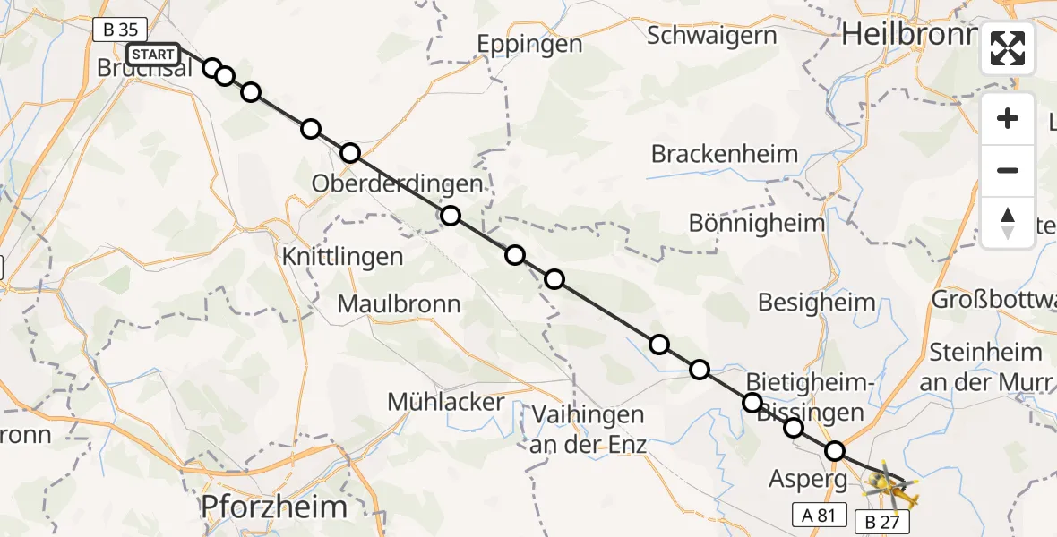 Flugroute Rettungshubschrauber Bruchsal - Ludwigsburg, 27 April 2026, 15:18